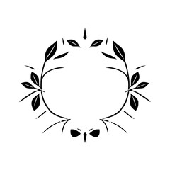Symmetrical Floral Wreath: Minimalist Black and White Design with Leaf Branches, Ornamental Details, and a Central Open Space.