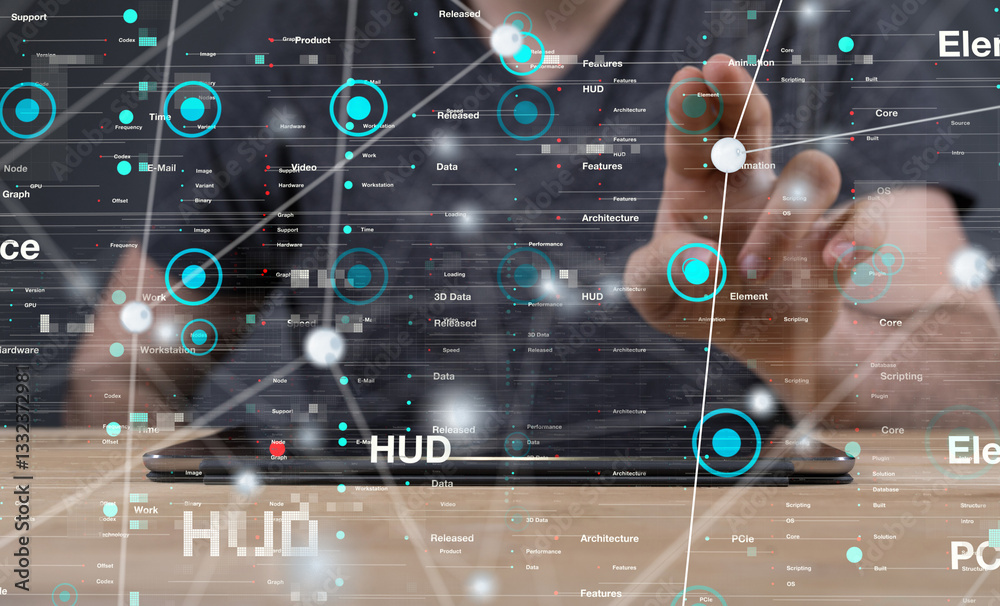 Poster Neural network 3D illustration. Big data and cybersecurity