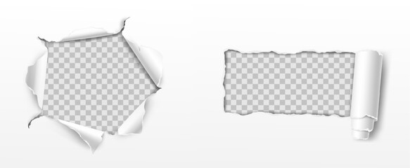 Vector realistic ripped torn hole in the sheet of paper. Template for design. Paper mockup.