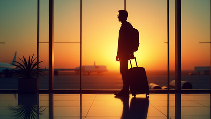 Fototapeta premium Flat Silhouette of traveler with suitcase at airport during sunset reflecting mood of adventure and exploration concept as Silhouette of traveler with suitcase at airport during sunset reflecting mood