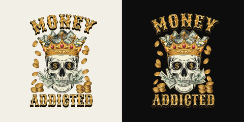 Fototapeta premium Emblem with human skull in golden crown, with mouth full of cash money, falling coins, text. Concept of money power, wealth, success, money addiction. Vintage style