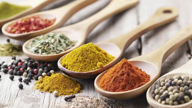 Colorful wooden spoons holding various ground spices resting on aged wooden board, displaying aromatic culinary seasonings with rich texture and vibrant palette