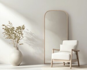 A serene interior scene featuring a minimalist chair, a tall mirror, and a vase with dried flowers against a light, neutral background.