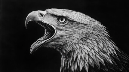 An intricately engraved monochrome depiction of an eagle mid-screech, its beak wide open and sharp, its feathers detailed with precise line work