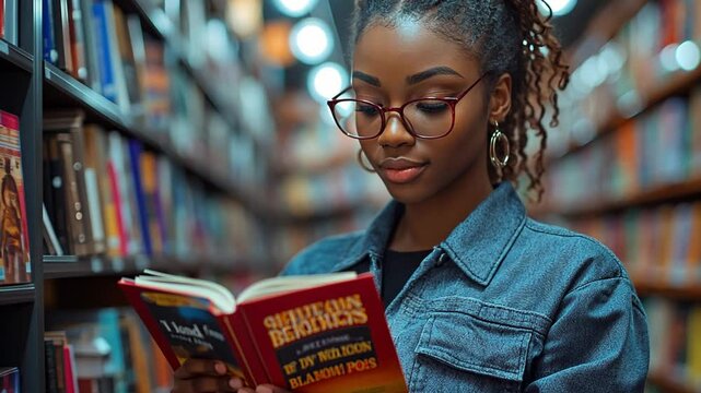 Young woman reading a book in a cozy library filled with books during the evening hours