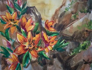 Wild lflowers in mountains. Orange lilies watercolor painting