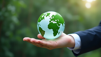 Business hand holding green Earth ESG icon representing environmental social and governance factors for sustainable organizational development. concept as Concept underscores corporate responsibility 