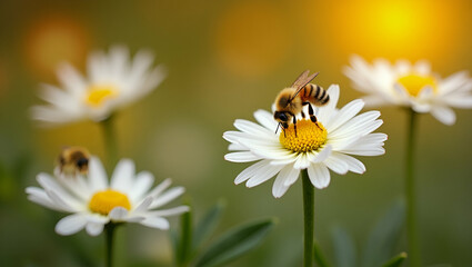 Obraz premium Autumn Garden Beauty: Bees Pollinating White Chrysanthemums
