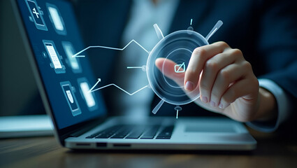 Hand interacting with holographic digital form checklist interface showing checkboxes documents survey icons on laptop in empty space concept as Hand interacts with holographic digital form checklist 