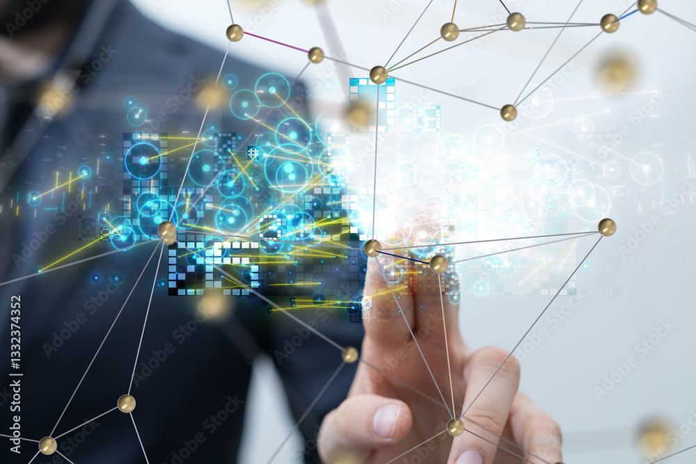 Sticker neural network 3d illustration. big data and cybersecurity