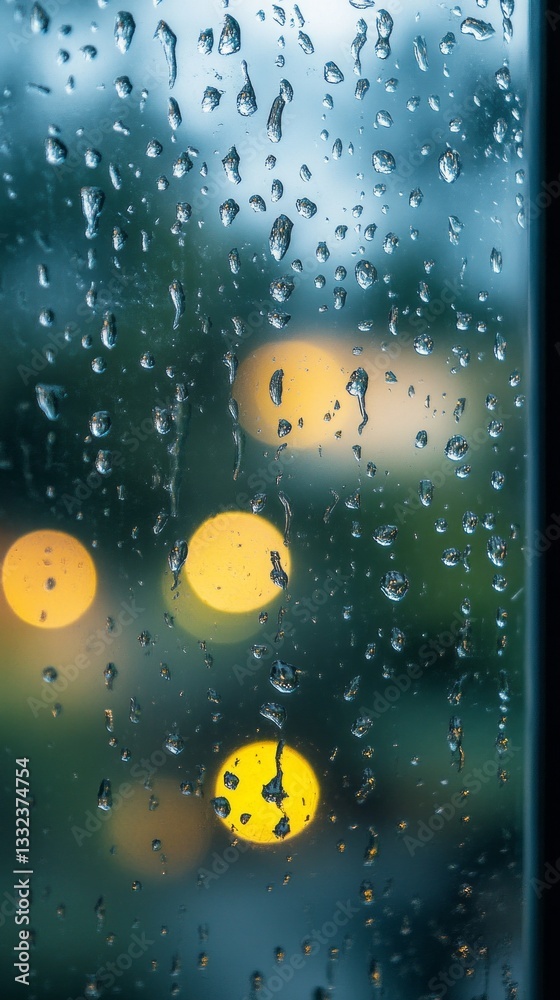 Poster raindrops cling to the glass, blurring the world outside where soft lights glow in the distance. the
