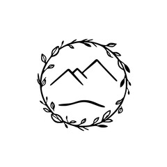 Black and white minimalist logo featuring stylized mountains and a ground line encircled by a leafy wreath.