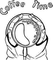 Coffee time. Coffee break, morning time in doodle style. Hands holding cup. Tea time. Isolated vector illustration.