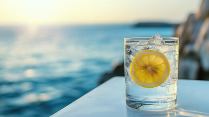 Glass of water with lemon and ice on white table near sea view, ideal for drink and food product promotions.