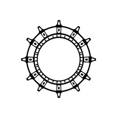 A stylized, monochrome ink drawing of a symmetrical circular object, possibly a gear or a sun, with intricate details and a minimalist aesthetic.