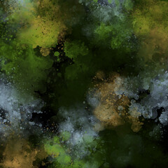 Abstract textured background with watercolor effect and splashed drops on black. Dynamic, deep and rich background. jpeg