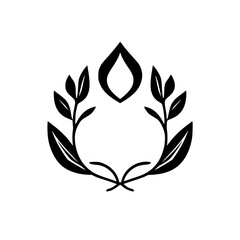 Elegant black and white botanical crest with a teardrop-shaped design, surrounded by laurel-like leaves and stems, on a clean white background.