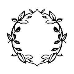 A symmetrical black and white illustration of a circular wreath made of stylized leaves and vines, suitable for elegant designs or invitations.