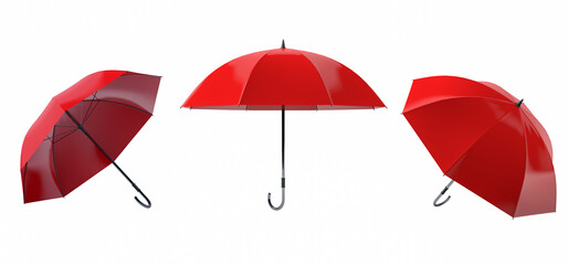 3D rendering, Close up three red umbrella mock up with different side, sign and symbol idea design, isolated on white background.