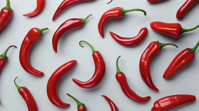 Bright red chili peppers spinning against clean white backdrop, highlighting fresh agricultural ingredient with spiraling culinary movement