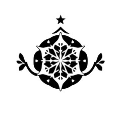 Elegant Black and White Geometric Snowflake Design with Star and Branch Accents on Clean White Background.