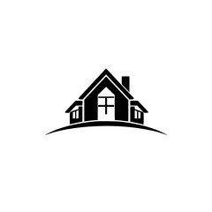 Modern minimalist black house logo icon, featuring a simplistic design with geometric shapes, creating a sense of solidity on a gentle arc over white.