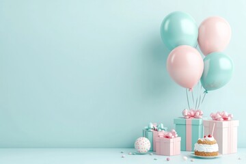 A vibrant 3D illustration of balloons tied to floating presents, hovering above a table set with treats and party favors, all rendered in cheerful, glossy colors