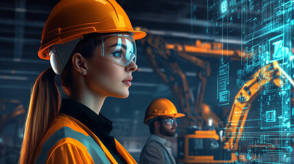 Female engineer in hard hat observes futuristic technology display at industrial site, showcasing innovation and teamwork in engineering fields
