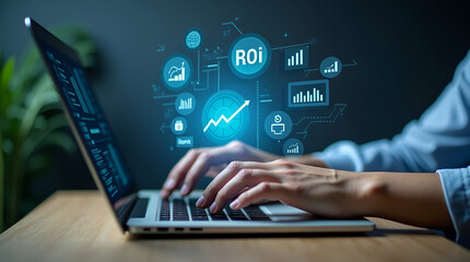 Flat Hand Working on Laptop with Holographic ROI & Financial Strategy Icons: Analyzing Business Strategies in a Smart, Cute Vector Illustration