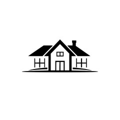 A minimalist, black and white vector illustration of a house with gabled roof, two windows, a chimney and minimalist porch elements on a white background.