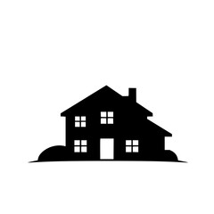 Simple Black Silhouette of a Two-Story House with Chimney, Windows, and Bushes Against a White Background.