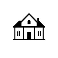 Stylized Black and White Illustration of a Classic Suburban House with Gable Roof, Chimney, and Porch Detailing on White Background.