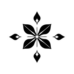 Symmetrical floral graphic design of a black flower against a stark white background, featuring a central star-like pattern and stylized leaf motifs.