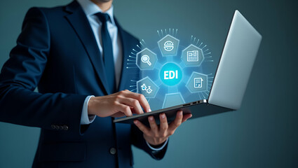 Flat Hand Using Laptop for EDI Icons: Secure Global Data Transfer