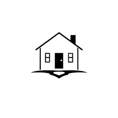 Simple Minimalist Black and White House Icon, Geometric Design with Chimney, Door, and Windows on White