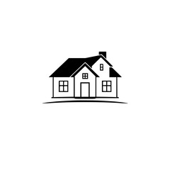 Minimalist Black and White House Illustration with Gable Roof, Chimney, Windows, and a Curved Base Line, Evoking Simplicity and Home.