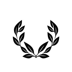Symmetrical, minimalist black laurel wreath illustration on white background, symbolizing victory or achievement, with stylized leaves.