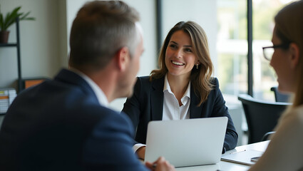 Obraz premium Busy Professional Businesswoman: Bank Manager and Lawyer Consulting Clients on Financial Management in Corporate Office Meeting - Stock Photo with Space for Text
