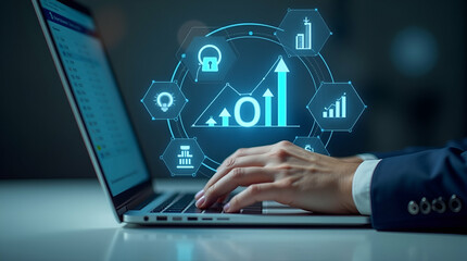 Fototapeta premium Flat Hand Working on Laptop with Holographic ROI & Financial Strategy Icons: Analyzing Business Strategies in a Smart, Cute Vector Illustration
