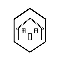 Simple Minimalist House Logo Within a Hexagonal Frame: Black and White Illustration Representing Home, Real Estate, or Architecture.