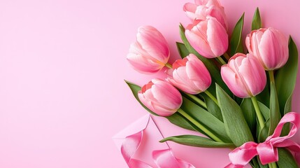 Obraz premium Mother's Day theme: Overhead shot of pink tulip bouquet with ribbon and card on pink background.