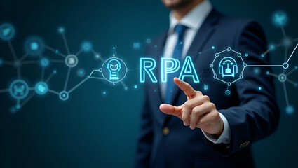 Flat Businessman Engaging with RPA Icons: Innovating Business Optimization through Virtual Interfaces