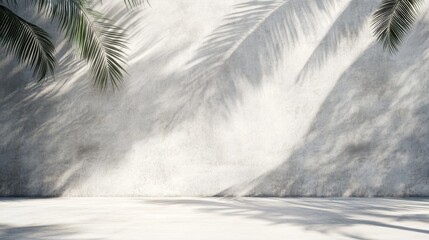 Neutral backdrop with palm tree shadow on concrete wall, Empty room with coconut tree silhouette, Summer banner on cement surface