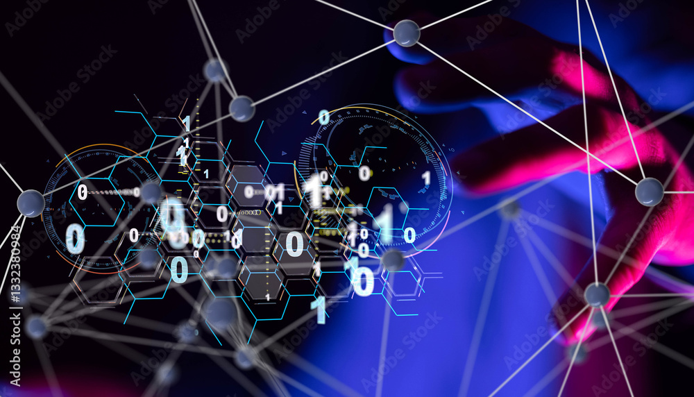 Poster Neural network 3D illustration. Big data and cybersecurity