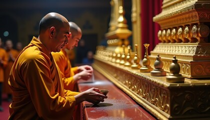 Obraz premium Monks in orange robes perform a sacred ritual with bowls before a golden altar adorned with intricate designs. The solemn atmosphere reflects spirituality, tradition, and devotion on Buddha's Birthday