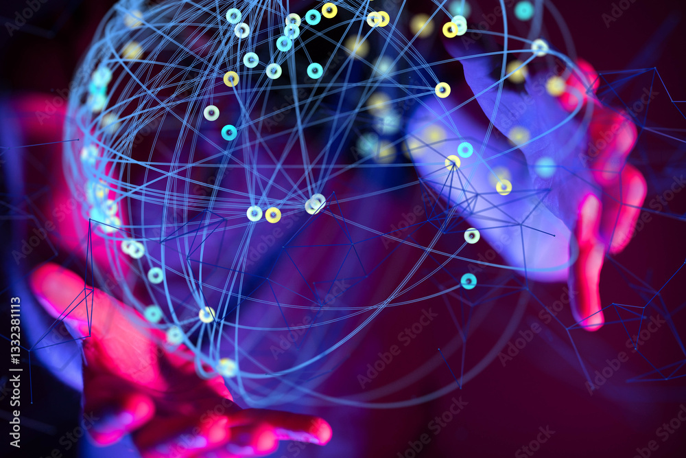 Poster Global network. Blockchain. 3D illustration. Neural networks and artificial intelligence. Abstract  - neural network exposure digital