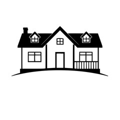 Minimalist Black and White Vector Illustration of a Two-Story House with Dormers, Balcony, and Chimney atop a small hill, Perfect for Real Estate.