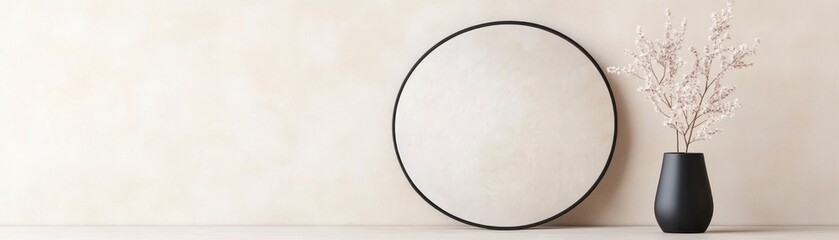 A minimalist decor scene featuring a round mirror and a black vase with dried flowers against a neutral wall.