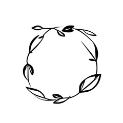 Minimalist Black & White Illustration: Circular Wreath of Delicate Leaves and Branches, Isolated on White.