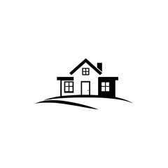 Minimalist Black and White House Logo Design Depicting a Simple Home on a Grassy Knoll with Windows and Door, Ideal for Real Estate.